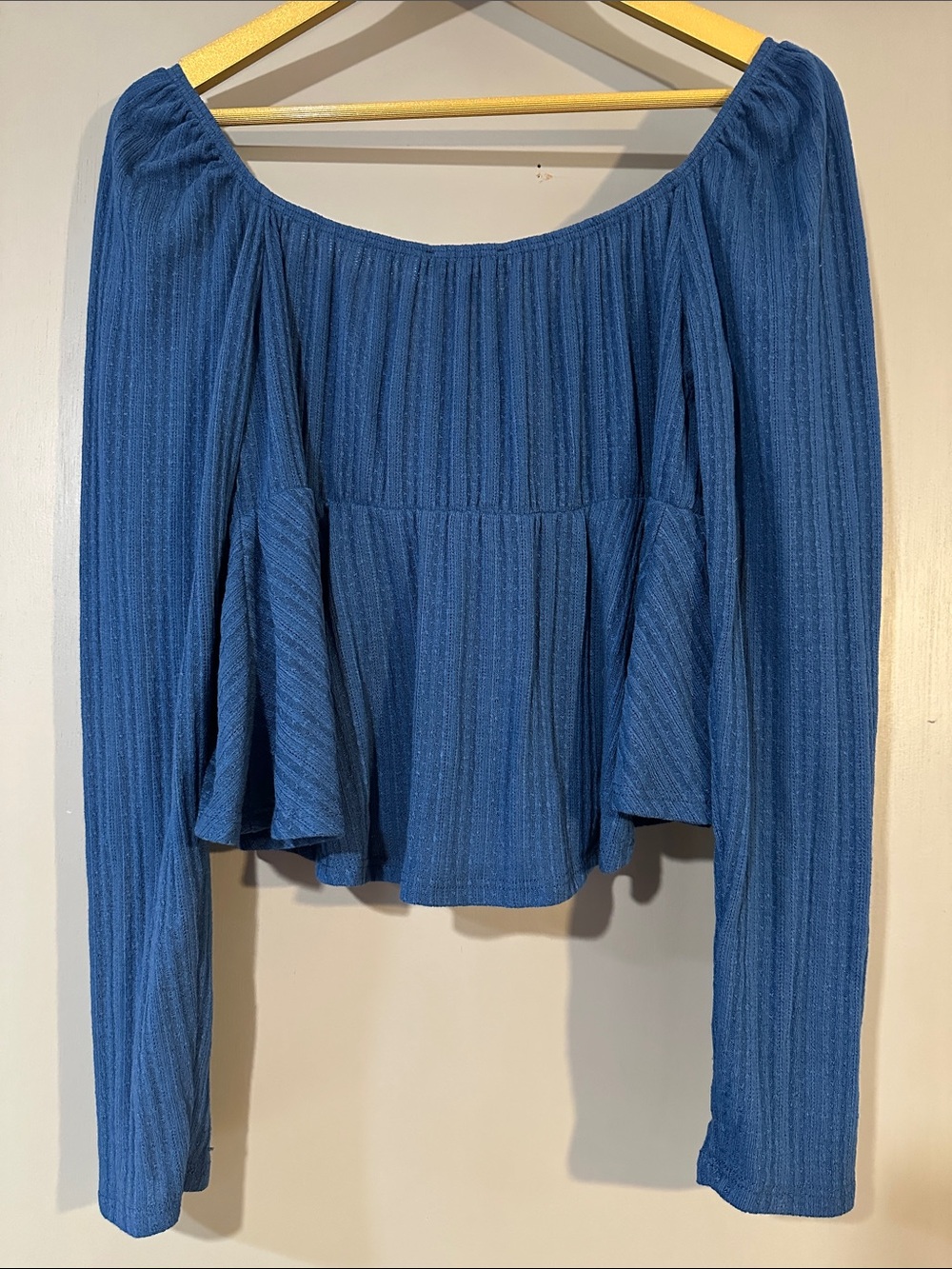 NWT Lulus Blue Ribbed Crop Top XL Tie Front Long Sleeve Peplum Blouse - Picture 4 of 5